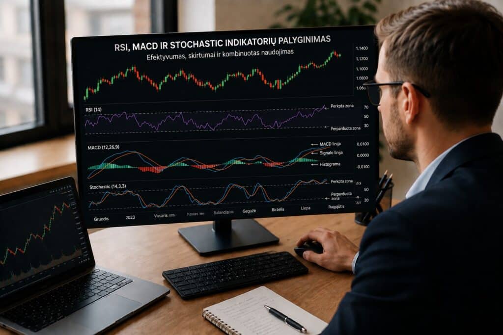 RSI, MACD ar Stochastic
